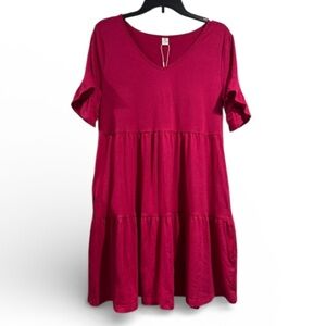 Pink Tiered Dress ruffled babydoll stretch short sleeve soft medium NEW